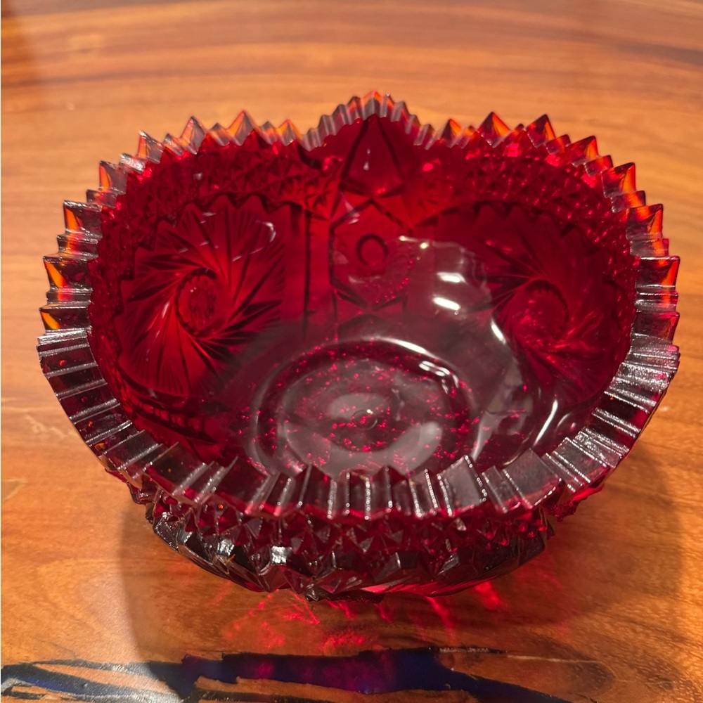 Elegant Ruby Red cut glass sawtooth edge Bowl